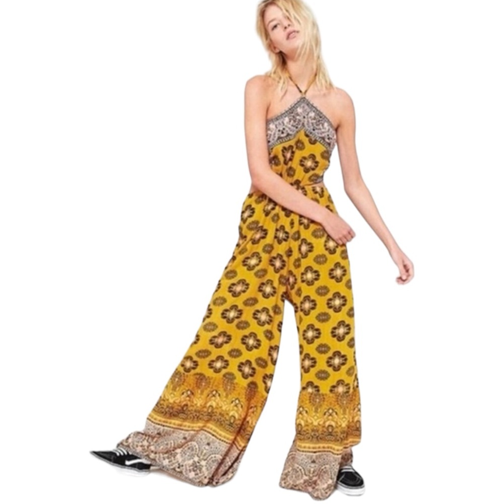 Free People Maribelle Cut Out Jumpsuit Yellow Floral Wide Leg Festival Boho M